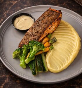 Grilled Salmon Steak with Mashed Potatoes at Gandum Restaurant Uluwatu